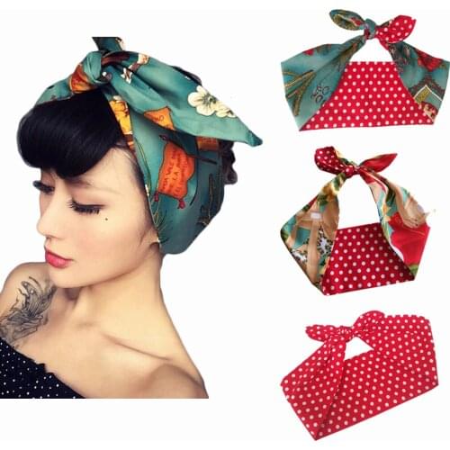 Women vintage 50s Skull Print Dot headband hair accessories hairband bow rockabilly pinup wire scarf 16 styles