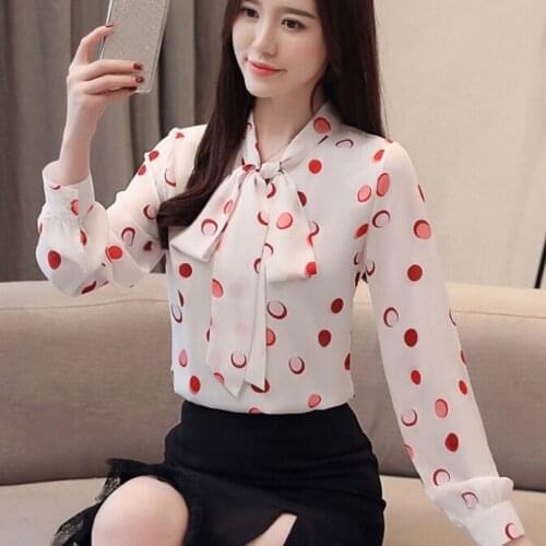 Womens Spring Autumn Style Chiffon Blouse Shirt Womens Long Sleeve Polka Dot Bow V-Neck Casual Sweet Tops ZZ1240