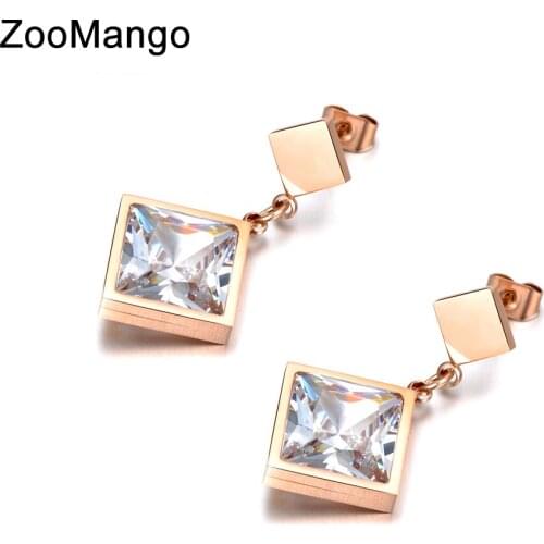 ZooMango Luxury Big Square Cubic Zirconia Stainless Steel Stud Earrings Rose Gold Charming Jewelry For Women Oorbellen ZE18048