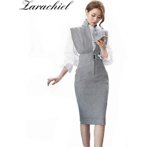 2021 AutumnOffice Lady 2 Piece Set Dress Women Sexy V-Neck Sleeveless Bodycon Dress+White Ruffles Blouse Shirt Dress