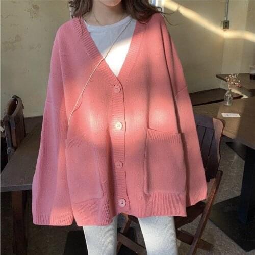 Sweet Pink Single Breasted Loose Cardigans For Women Autumn Winter Knitting Jacket Outwear Ladies Casual Knitwear Cardigan