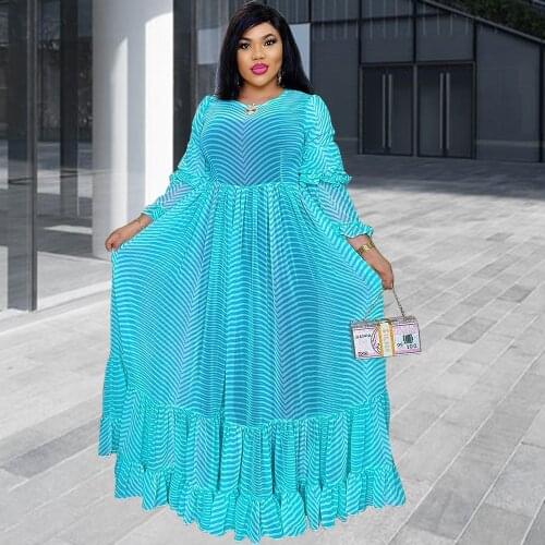 2021 New African Dresses For Women Round Collar Long Sleeve Stripe Design Blue Fashion Maxi Pleated Dress Ladies Party Holiday