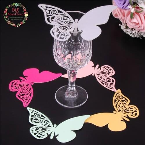 50pcs Laser Cutting Lovely Butterfly Design Elegant Wine Glass Cards Cup Card Place Name Card Wedding Decoration Party Supplies