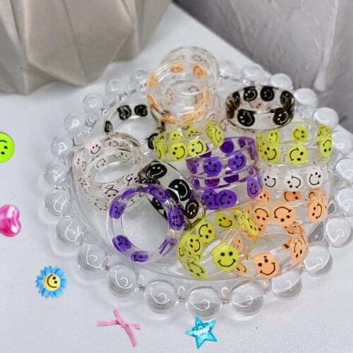 90s Aesthetic Candy Color Smiley Rings for Women Cartoon Cute Fashion Vintage Goth Rings Charms Y2K Jewelry New Gifts 2021