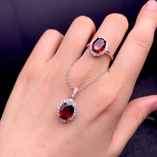 925 Sterling Silver Jewelry Sets for Women Gemstone Bridal Ruby Resizable Ring Pendant Necklace Women Wedding Engagement Jewelry
