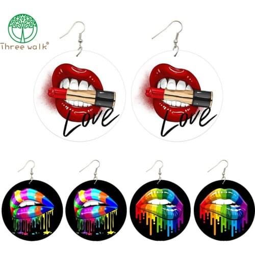 E148Kiss Me Drippin Melanin Wooden Drop Earrings Lips Arts Printed Vintage Wood Loops Pendant Dangle Jewelry For Women Gift