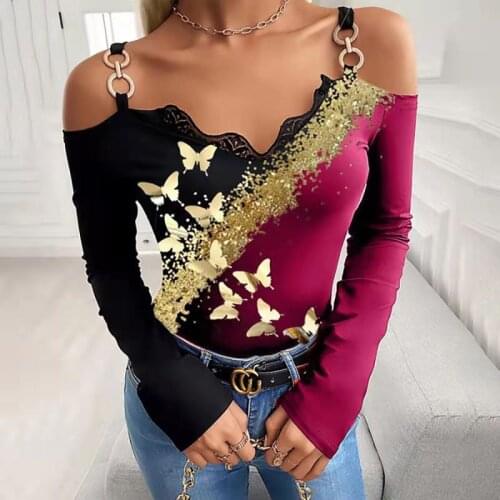 Sexy Butterfly Print Off Shoulder Top T Shirt Women Sling T-Shirts Autumn Long Sleeve Tees Casual Slim T Shirt Plus Size Tops