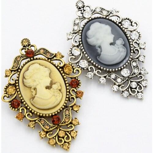 Classic Antique Gold Color Luxury Crystal Women Cameo Brooch Antique Silver Alloy Lady Brooch Collar Pins