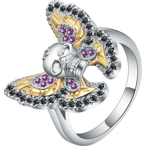 Seanlov White Gold Color Rings Amazing Design Skull Shaped Ring Black CZ Cubic Zirconia Fashion Butterfly Jewelry For Women