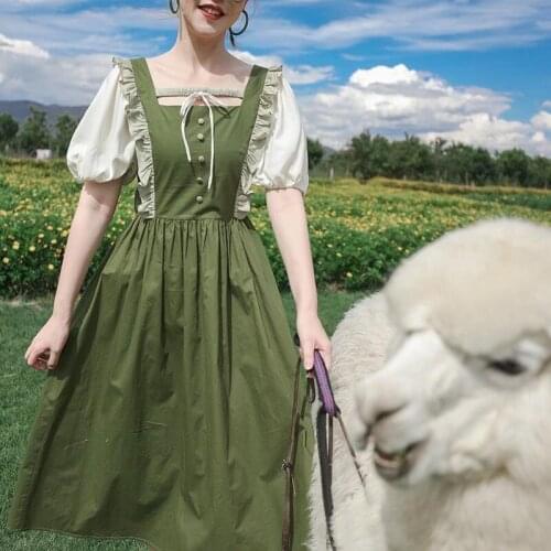 Summer Japanese Kawaii Green Dress Women French Vintage Sweet Cross Bubble Sleeve Dress Fit Chic Slim Holiday Midi Dresses