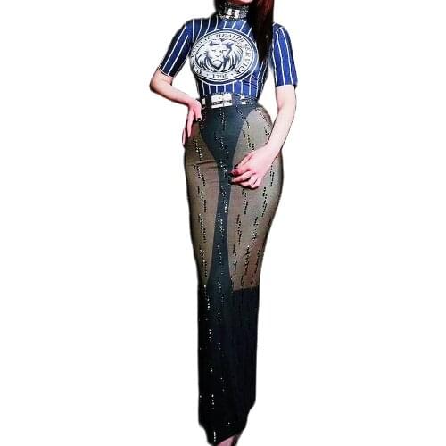 Lion Pattern Striped Printing Ankle-Length Dress Sexy Rhinestones Split Fork Dresses Ladies Dance Nightclub Performance Costume