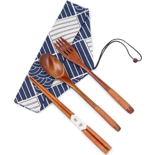 Wooden Cutlery Set Portable Eco Friendly Reusable Flatware Utensil Fork Spoon Chopsticks Portable Pouch for Camping Office Lunch