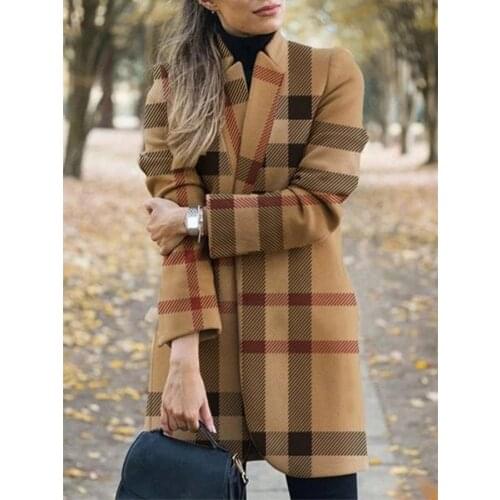 New Autumn Winter Luxury Womens Newest Long-Sleeve Lapel Coat Printed Woolen Coat Fashion Striped Plaid Slim Coats Oversized