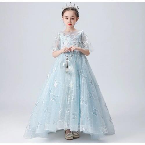 Flower Girls Dresses O-Neck Appliques Beading Embroidery Princess Ball Gown Tiered Sequined Floor-Length Kids Party Dress D228