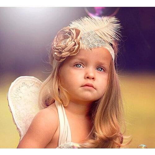 2021 New Style Baby Girls Headband Kids Flower Rhinestone Feather Hair Accessories Flower Girl Hairband Gatsby Headband