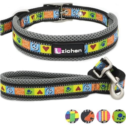 Reflective Dog Collar Leash Set Adjustable Printing Breathable Mesh Nylon Durable Dog Collar For Small Medium Large Pet Necklace