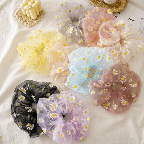 ZZIYEETTM 1pc Women Girls New Summer Daisy Flower Scrunchie Thin Mesh Ponytail Holder Hair Tie Rubber Band Hair Rope Ponytail