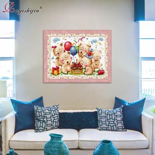RUYISHIJIA the Pig Party Cartoon kids gifts Cross Stitch Sets Needlework DIY 11CT Printing For Embroidery Kits chart