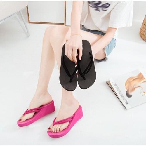 Sandales Double Strap Women Flip Flops Summer Clip Toe 2021 New Solid Color Non-Slip Flip Flops High-Heeled Wedge Beach Sandals