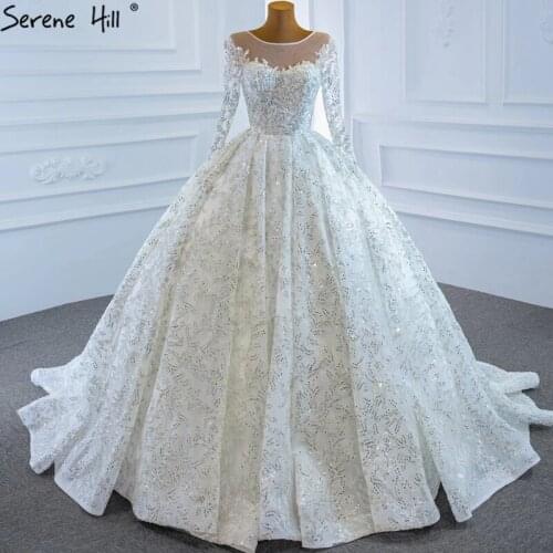 Serene Hill White Long Sleeves Wedding Dress 2020 Beading High-end Sparkle O-Neck Bride Gown Custom Made CHM67193
