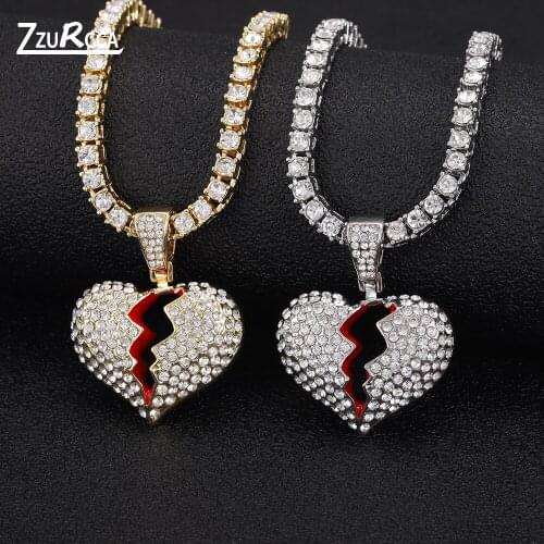Iced Out Broken Heart Pendant Necklace Bling Rhinestone Link Chain Crystal Necklace for Women Men Charm Collar naszyjnik