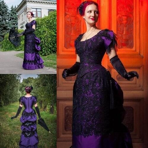 Vintage Purple Victorian Evening Dresses 2021 Full Lace Puffy Gothic Lace-up Corset Ballroom Gown Prom Dress Plus Size