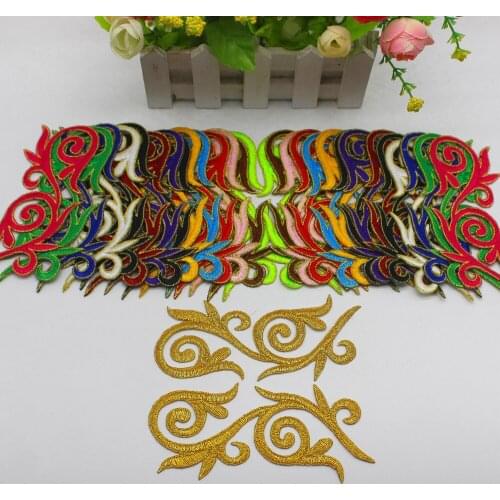 Mirror Pairs Appliques 10 Pairs Gold Embroidered Flowers Iron on Patches 13.5*6cm