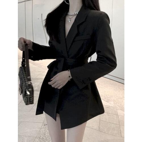 Womens Spring Jackets 2021 Elegant White Black Office Wear with Belt Suit Blazer Coat Long Sleeve Ladies Blazer Dress for Women