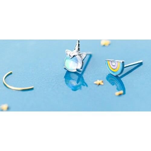 Authentic 925 Sterling Silver Earring Tiny 0.8x1 cm Asymmetry Unicorn Rainbow Personality Stud Earrings For Women Girl Jewelry