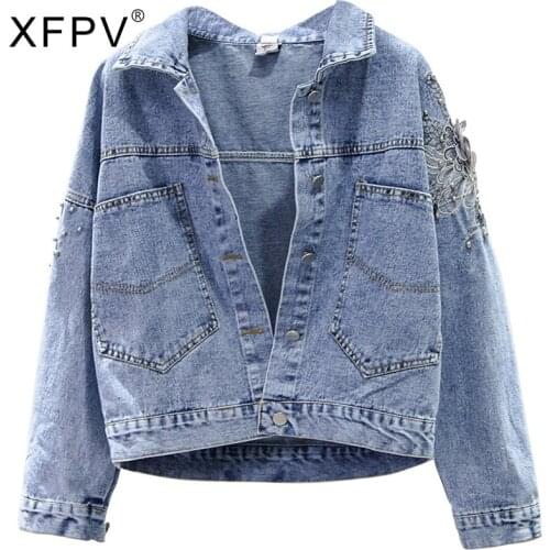 XFPV 2021 Autumn Winter New Fashion Womens Embroidery Beading Causal Lapel Pockets Patchwork Long Sleeve Denim Coat SM507