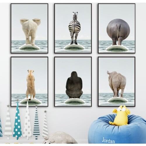 Animal Surfing Back View Rhino Hippo Zebra Wall Art Canvas Painting Nordic Posters And Prints Wall Pictures For Kids Room Decor