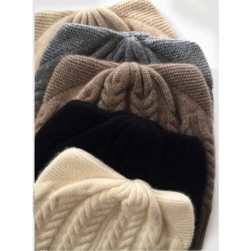 100% Cashmere Knitted Hat Women Winter 2019 Luxury Brand Femme Pure Cashmere Knit Hat Cap