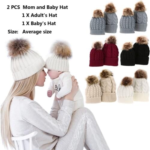 2 PCS Mom Baby Hat Warm Raccoon Fur Bobble Beanie Cotton Knitted Parent-child Winter Hat Color Winter Hats for Baby Pompom Cap