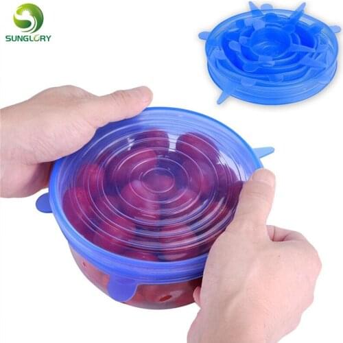 Sunglory 6PCS Reusable Silicone Stretch Air-tight Vacuum Lid Keep Fresh Leakproof Food Bowl Cover Lid Kitchen Silicone Food Wrap