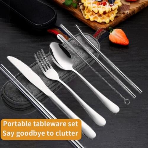 8Pcs/Set Portable Stainless Steel Spoon Fork Chopsticks Knife Straws Cutlery