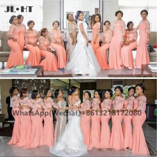 African 2021 Coral Long Sleeves Bridesmaid Dresses Long Lace Chiffon Black Girls Wedding Party Bridesmaid Dress for Womens