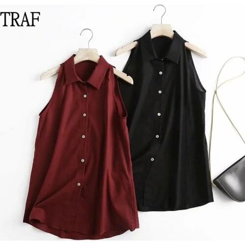TRAF Za Woman 2021 Blouses Summer Cotton Linen Casual Sleeveless Loose Tops Women Office Solid Shirt Blouse Women Clothing Shirt