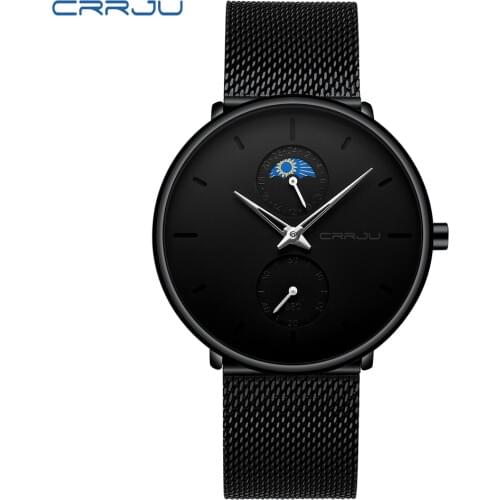 CRRJU New Men Luxury Stainless Steel Quartz Watch Fashion Simple Moon Phase Waterproof Wristwatch Casual Sport Watches Men Gift