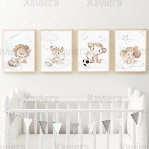 Child Cartoon Poster Animal Lion Elephant Monkey Rhinoceros Playing Ball Sports Canvas Painting Nursery Decor Baby Bedroom Mural