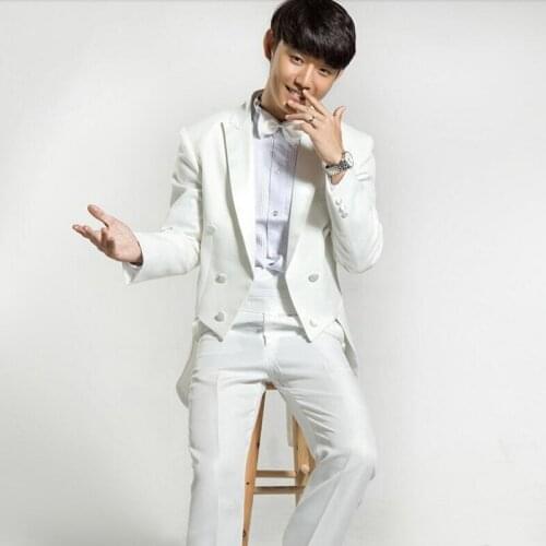 Hot Sale New Fashion Formal Mens 4 Suits Swallowtail Tailcoat Costume Jacket Lapel Party Wedding Pants White Black Free Size
