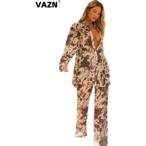VAZN 2020 New High-end Chiffon High Street Vintage Fashion Full Sleeve Long Cloth Long Wide Leg Pants Slim Women 2 Piece Set