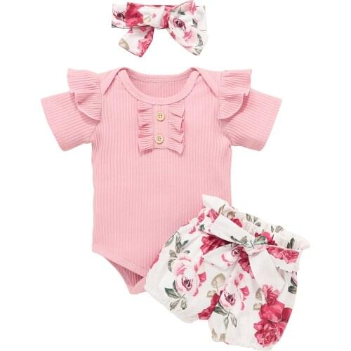 New Baby Girls 3-piece Outfit Set Short Sleeve Romper+Floral Print Shorts+Headband Set