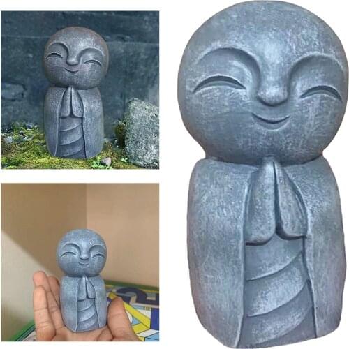 Resin Japanese Buddha Little Smiling Jizo Monks Sculpture w/Hands Clasped Statue Figurine Desk Shelf Decoration