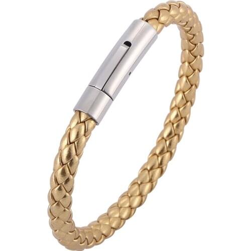 Simple Men Women Jewelry Accessories Golden Leather Bracelet Silver Color Stainless Steel Buckle Leather Wristband Gifts SP0520
