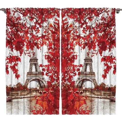 Bedroom Kitchen Luxury Curtains Red Maple Leaf Paris Tower Window Curtain Living Room Decoration Items Curtains for Living Room