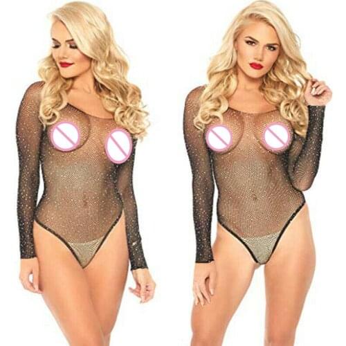 Sexy Women Long Sleeve Fishnet Rhinestone Bodysuit Leotard Tops Swimsuit Hollow Out Off Shoulder See Through Playsuit Jumpsuit