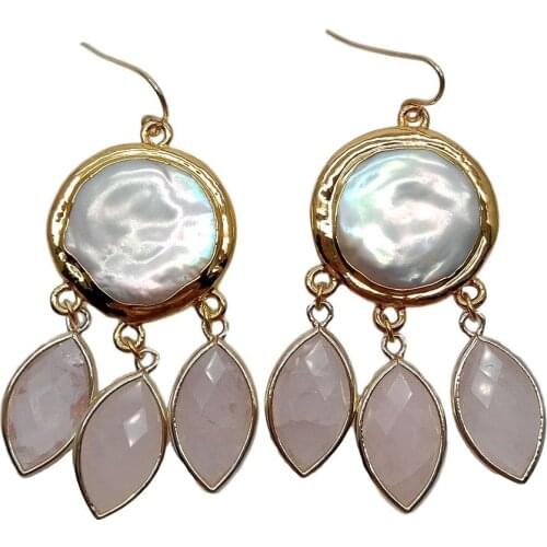 YYGEM natural Marquise Rose Quartz Cultured White Coin Freshwater Pearl gold Filled Dangle Hook Earrings