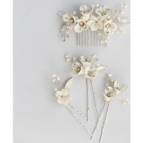 SLBRIDAL Handmade Rhinestone Pearls Ceram Flower Bridal Hair Comb Hair Pin Set Wedding Headpieces Women Jewelry Hair Accessories