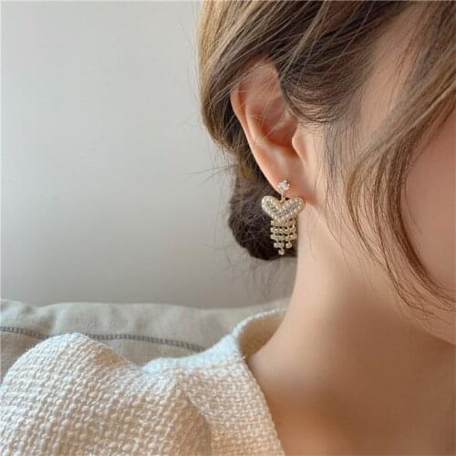 TIMEONLY Korean Style Simulated Pearl Love Heart Earrings for Women Shiny Rhinestone Love Heart Tassel Hanging Drop Earrings