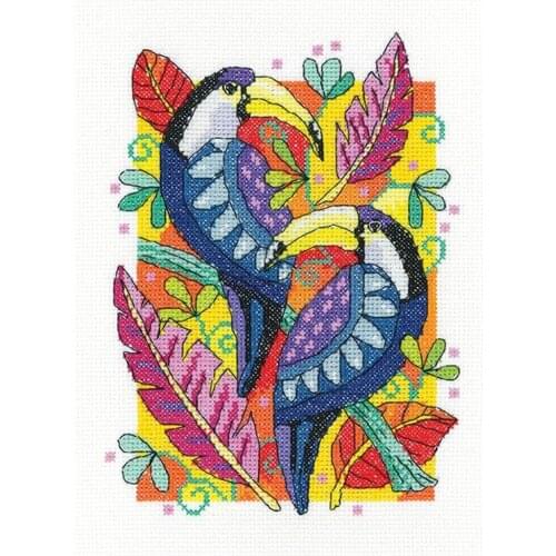Gold Collection Embroidery Toucans Cross Stitch Kit for Sale with 100% Cotton Flosses & Free Shipping for Wall Decor & Gifts
